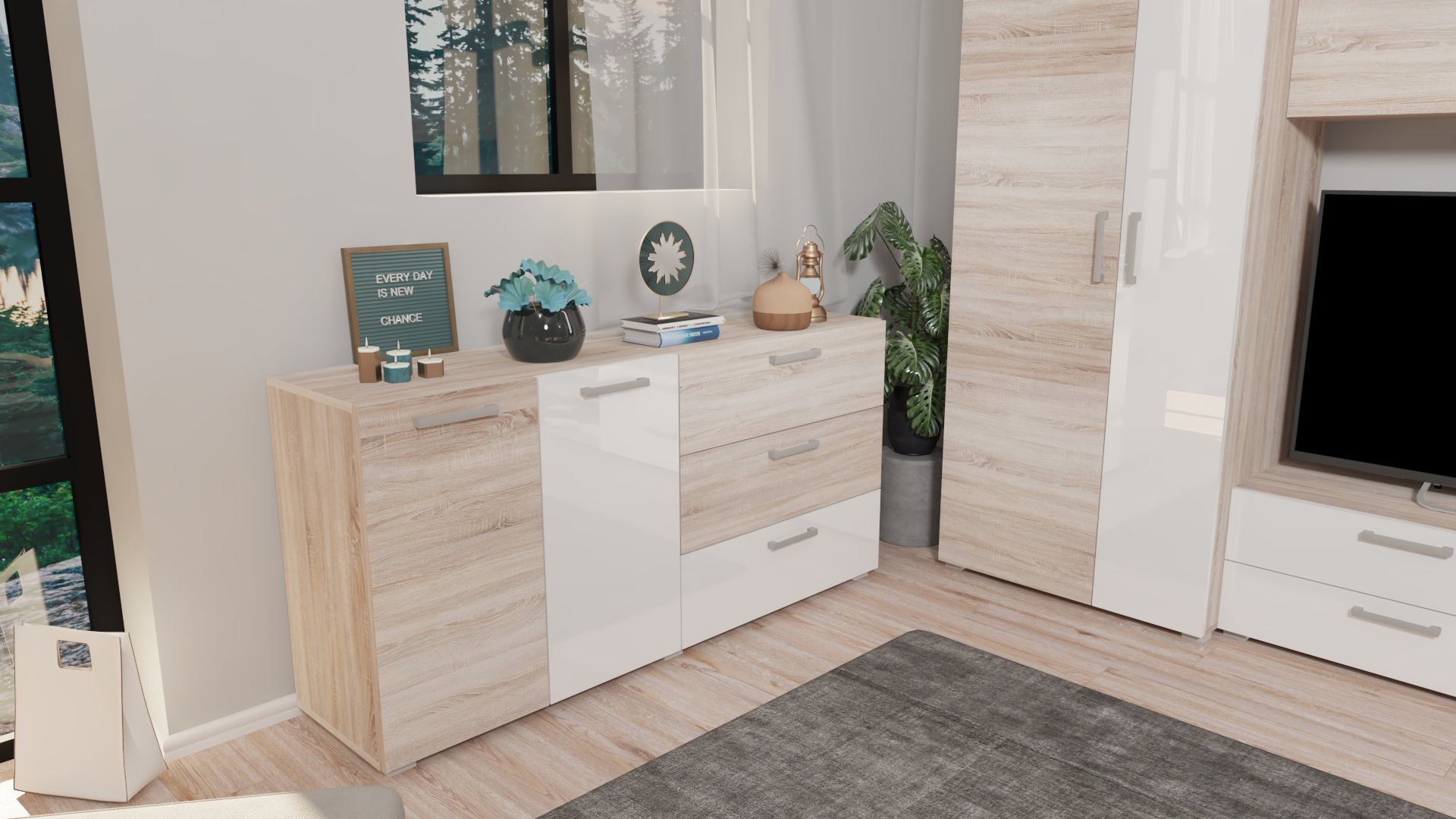 Corpus Caprima komód 160 cm Sonoma-Magasfényű fehér