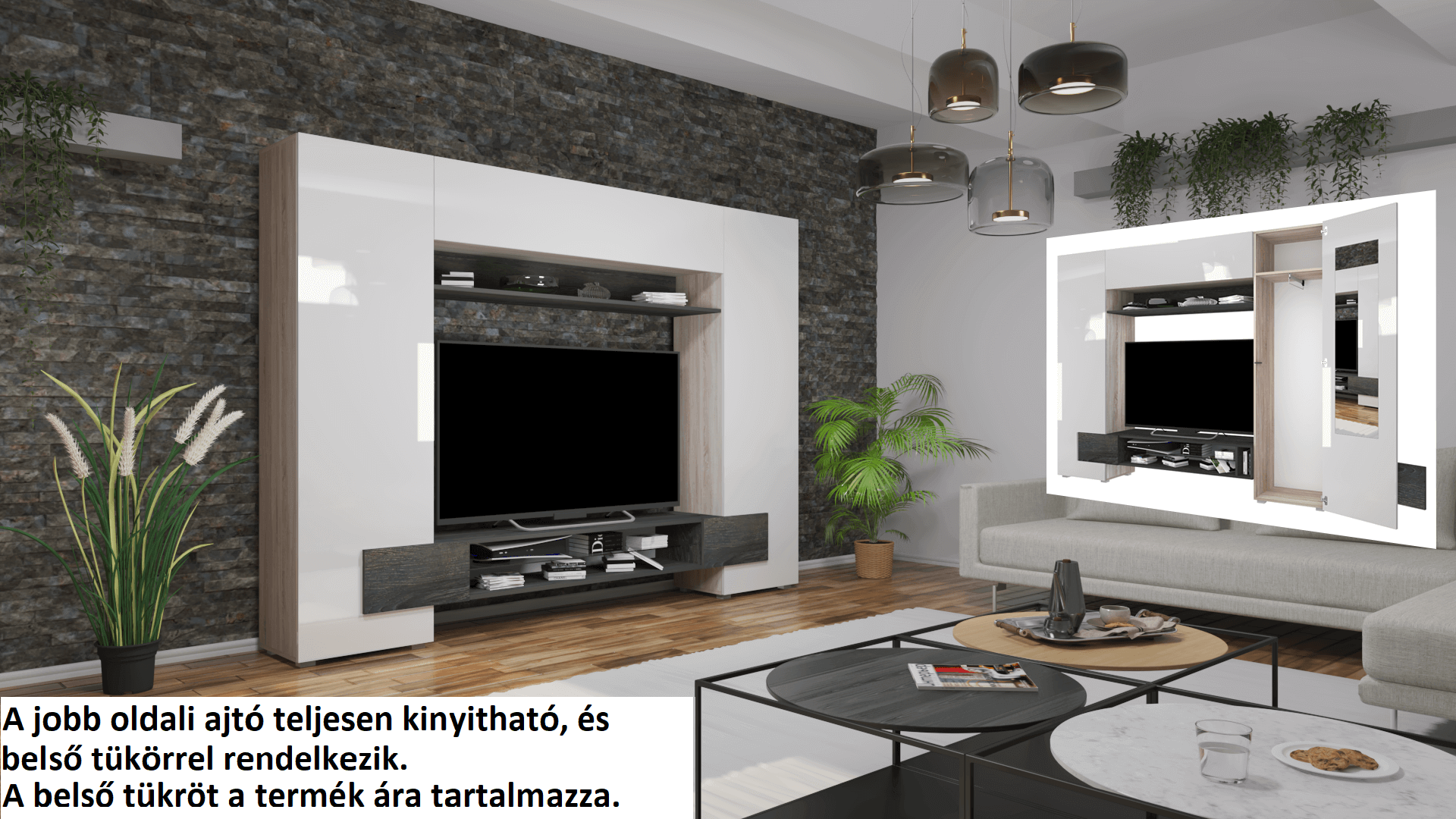 Corpus Logens 05 248 cm Sonoma-Magasfényű Fehér 138 cm-es Tv-s hátlappal