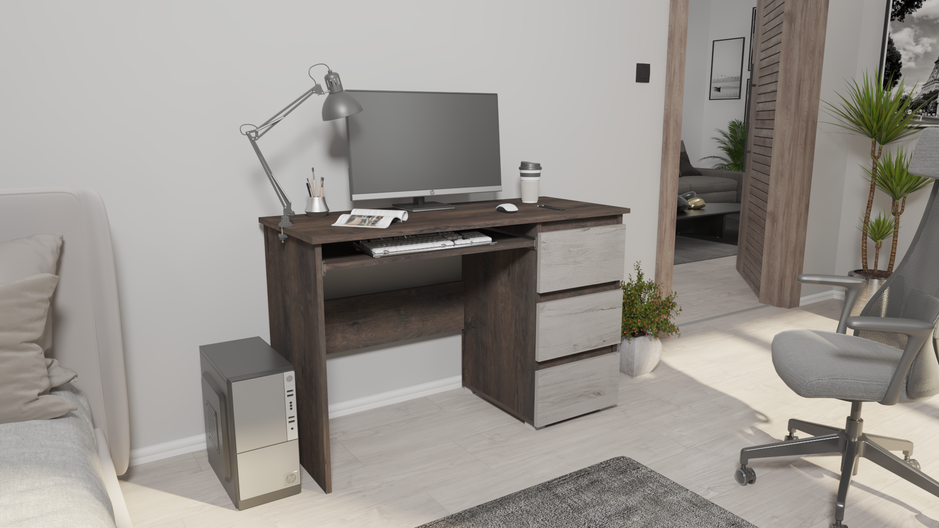 Corpus V4 Íróasztal 3 Fiókos Csoki tölgy-Világos Szil